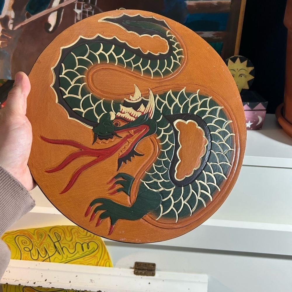Vintage Hand Carved Dragon Wood Wall Plaque 15.75” Fantasy Asian Decor